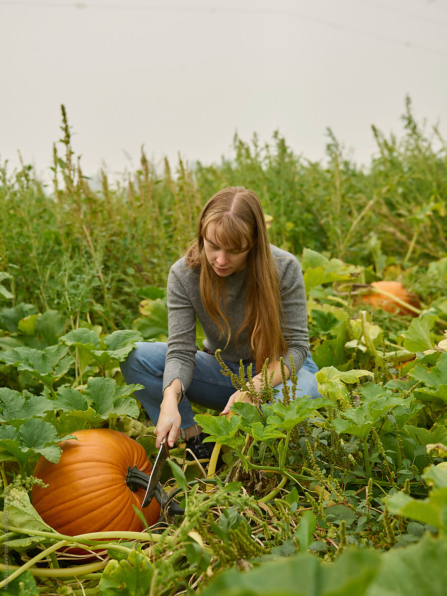 Happy female farmer with pumpkin in field