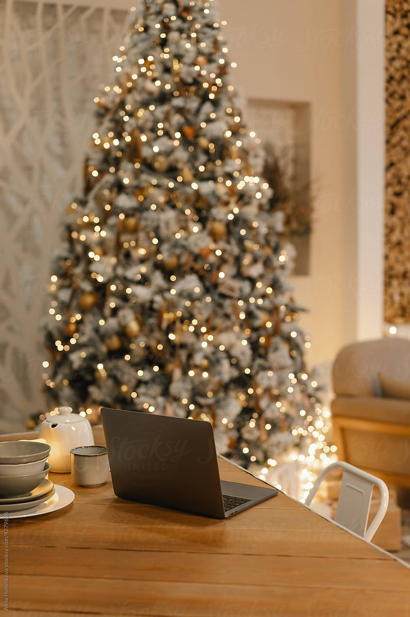 Laptop on dining table on Christmas