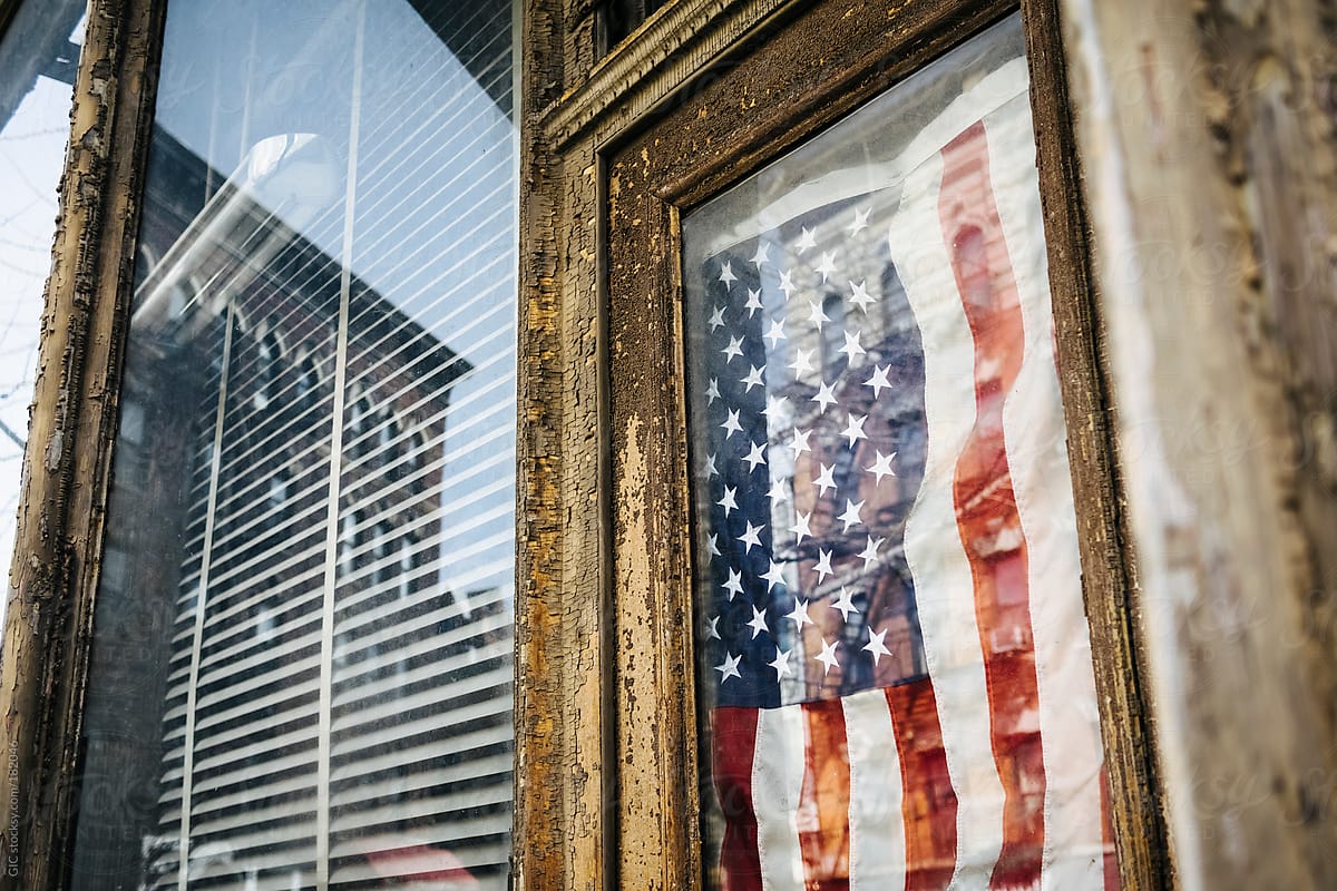 USA flag on the door of a vintage hipster shop in Williamsburg, Brooklyn