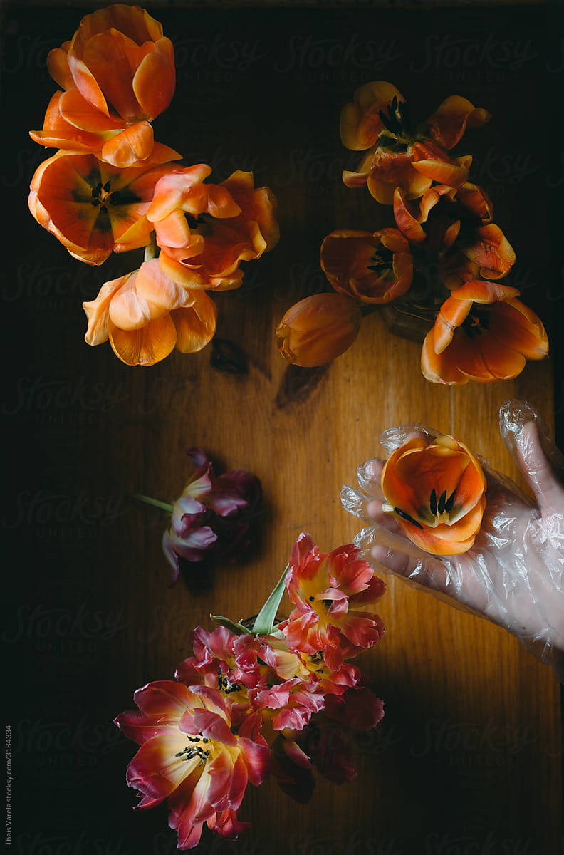 glove among flowers.