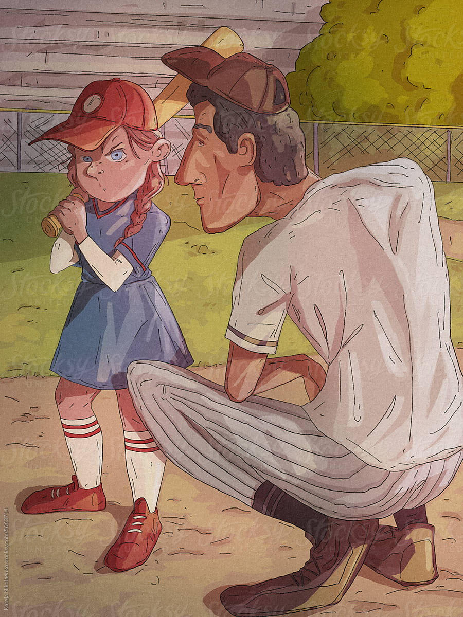 The baseball coach instructs the girl