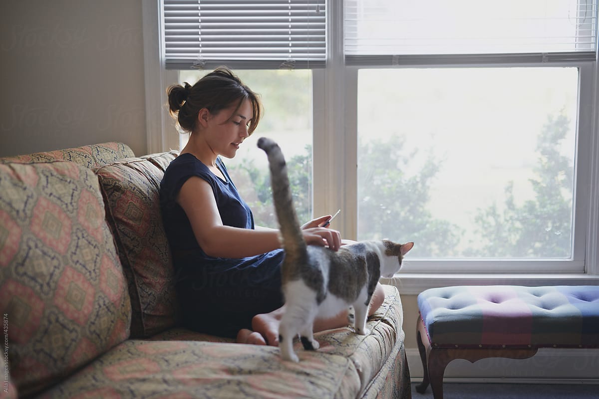 Woman at home with digital tablet and pet cat