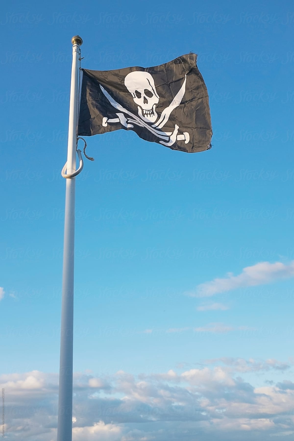 The jolly roger pirate flag flying in blue sky