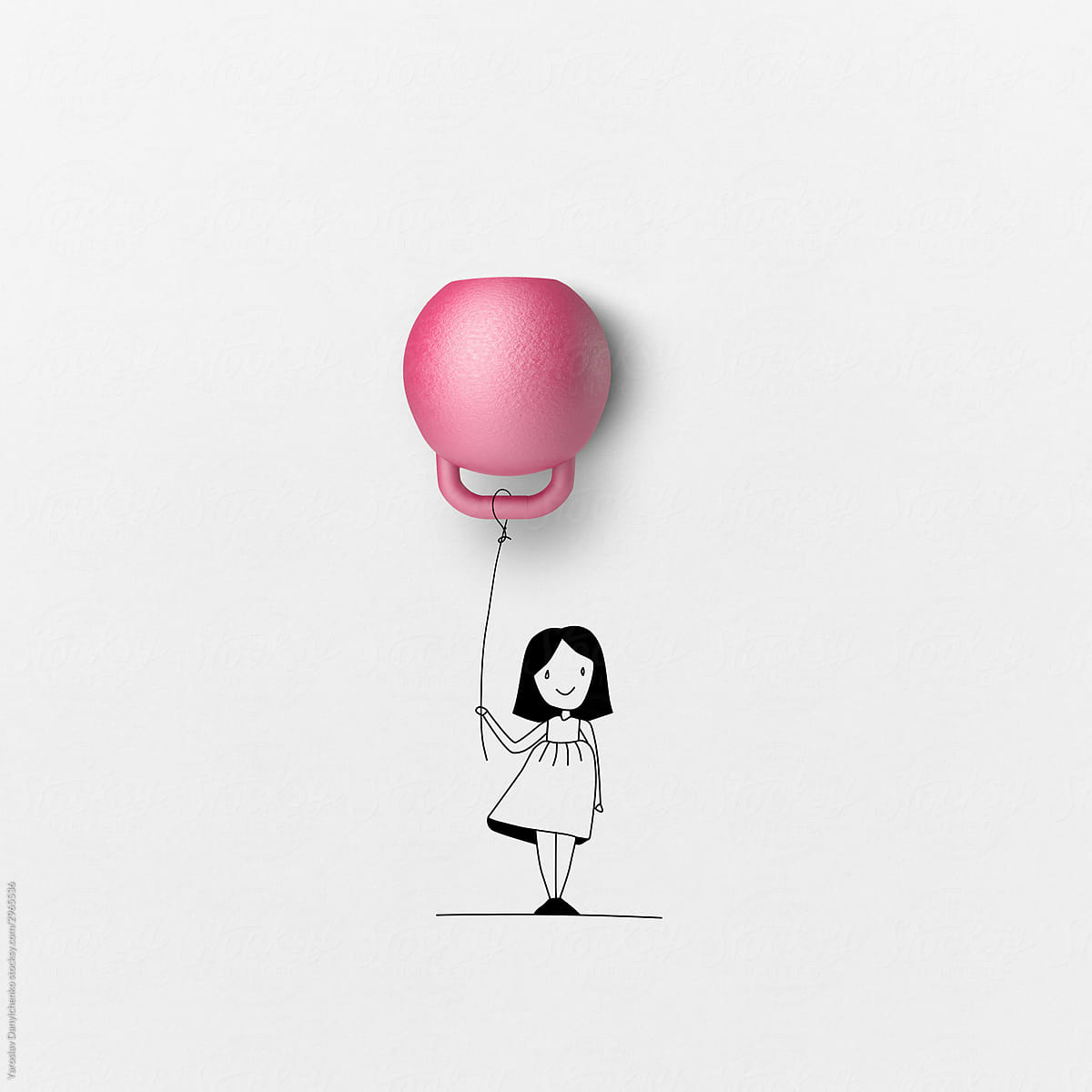 Girl with pink kettle bell balloon.