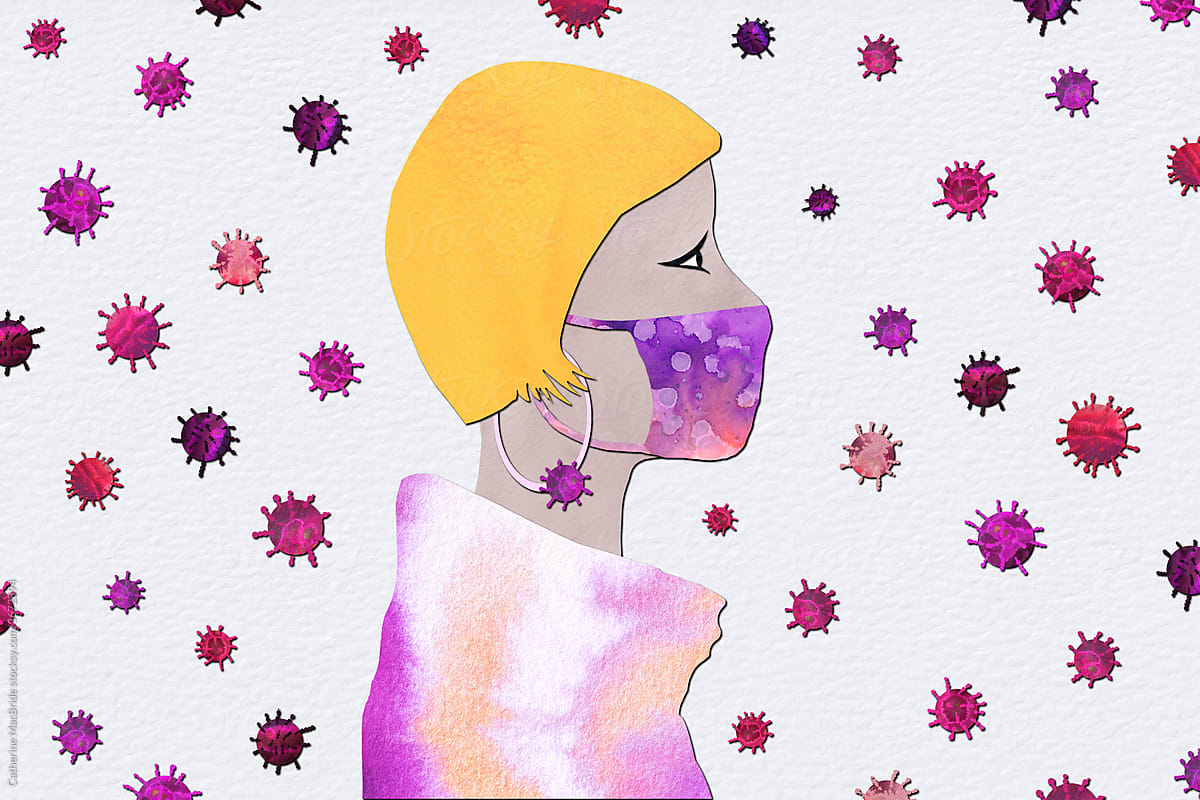 Blond Women with Face Mask surrounded by virus, a watercolor collage