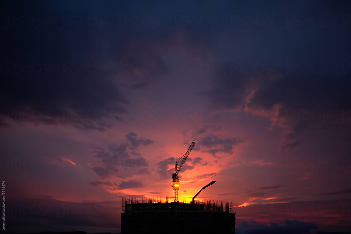 The constraction site under sunset sky