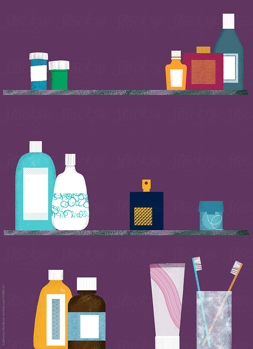 Toiletries in a bathroom cabinet, an illustration