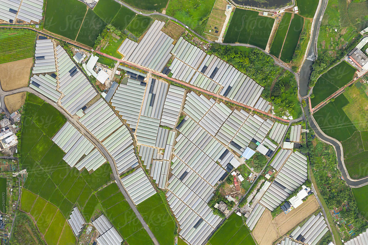 Many greenhouses for growing crops in Taiwan, Asia, aerial view.