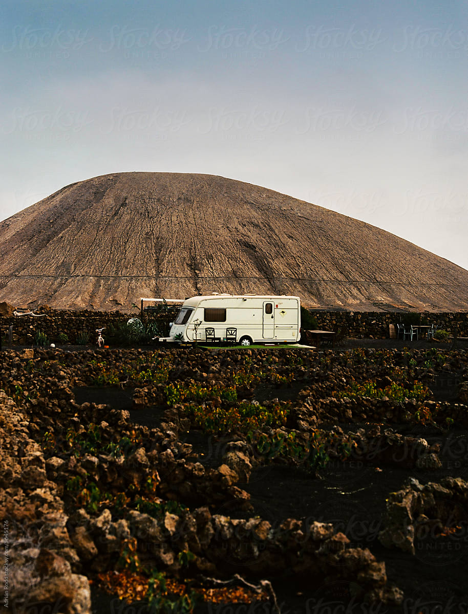 Caravan Oasis Amidst Lanzarote's Volcanic Terrain