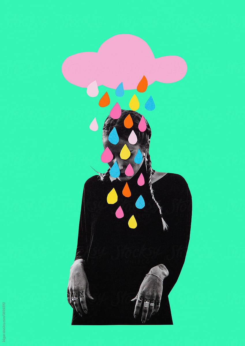 Woman and raindrops collage