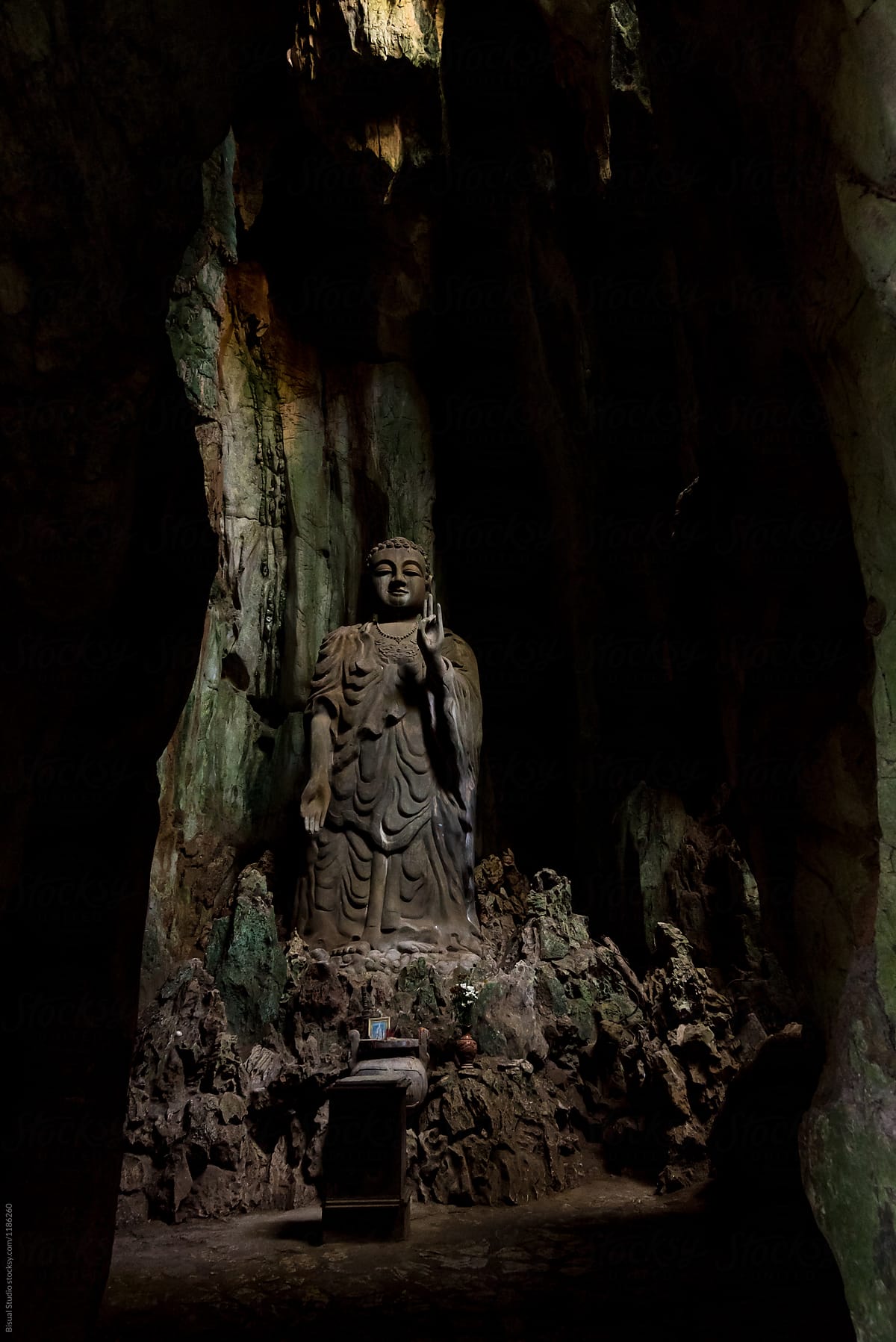Famous marble mountain cave with ancient temple