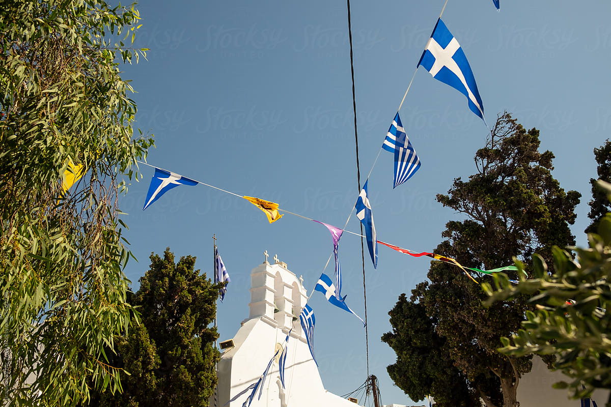 Greece banner flags hanging on the island of Mykonos Greece