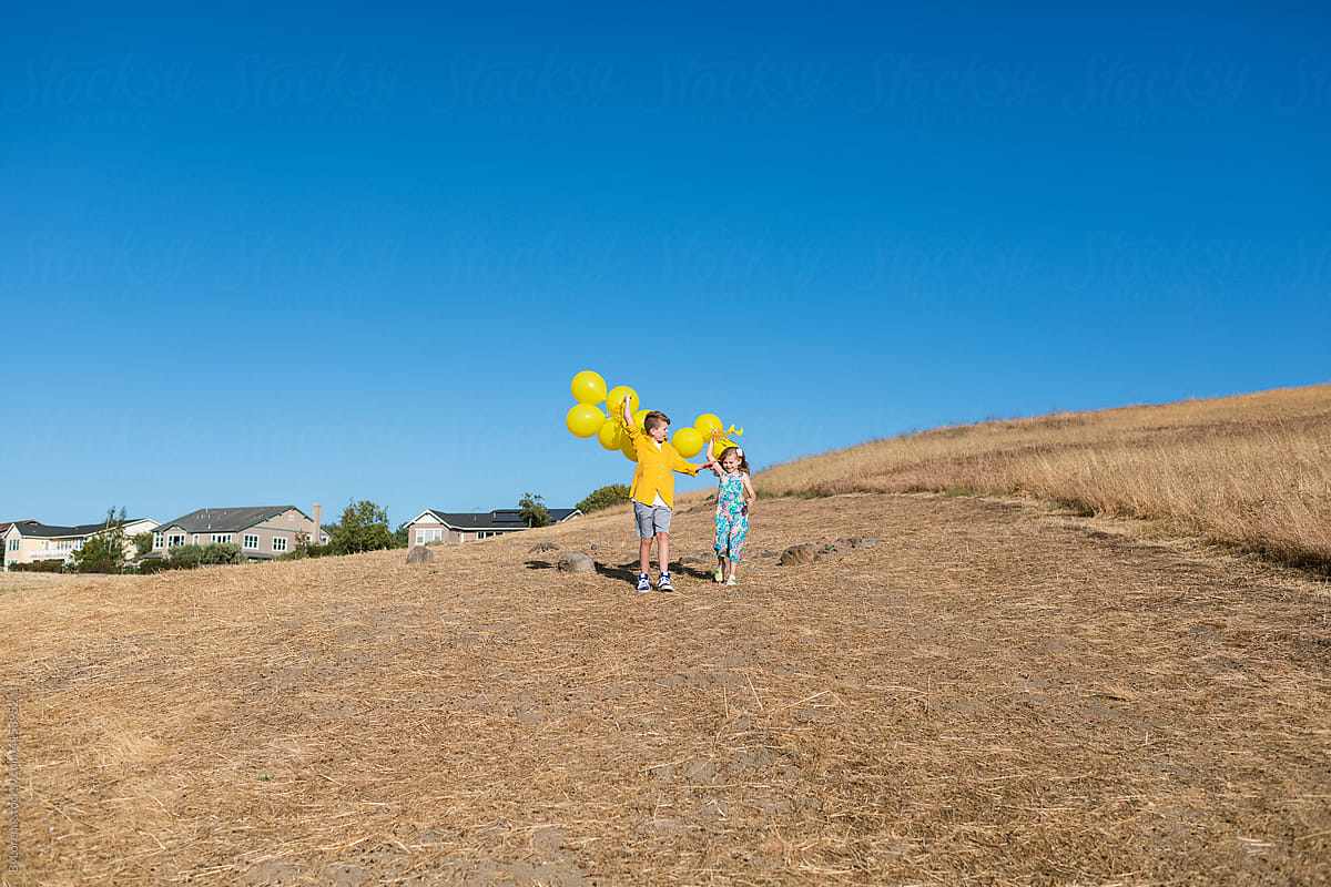 Kids with balloons outdoors in land