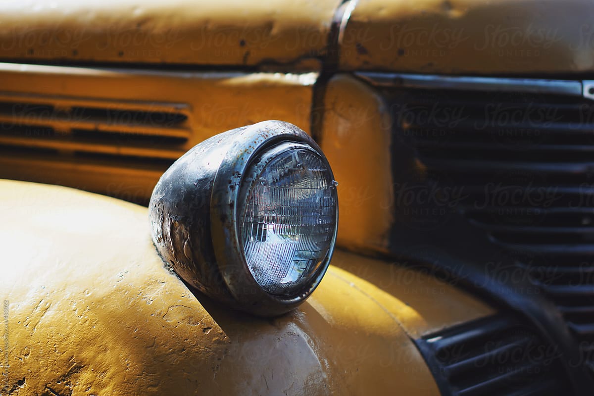 Closeup of vintage headlights on 50s truck