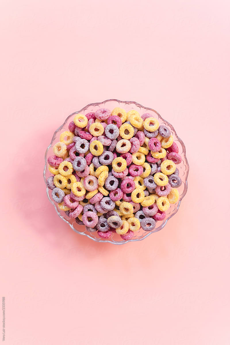 Multi colored cereal in a bowl