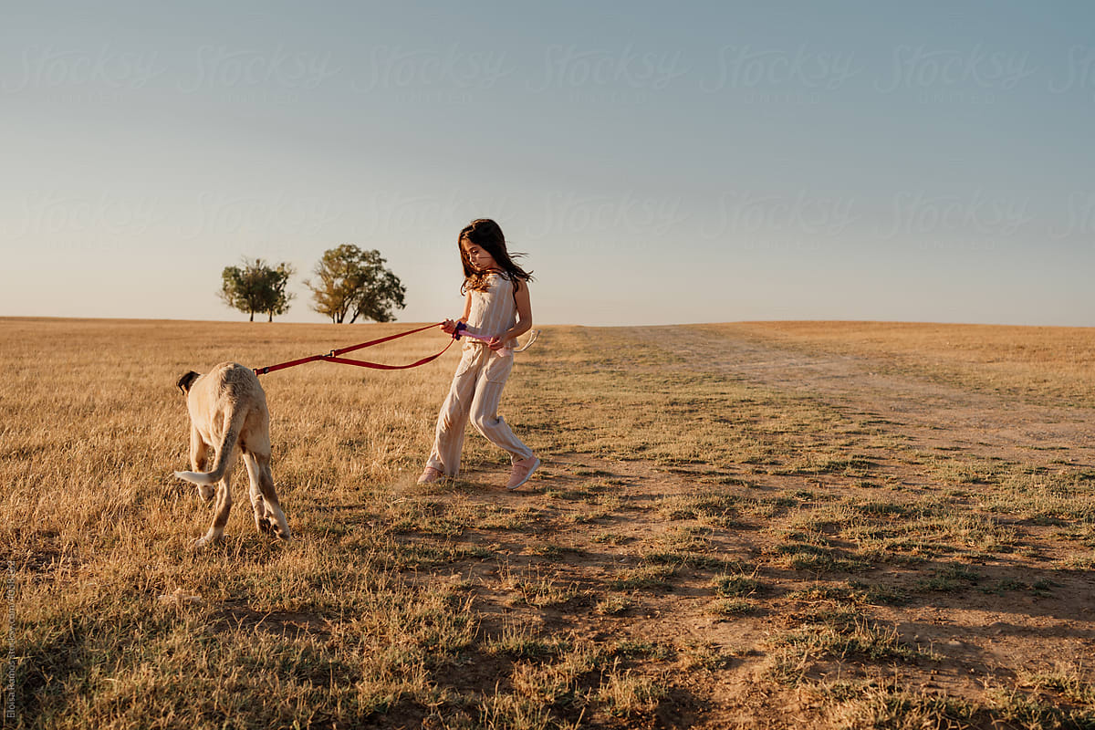 Little girl walking dog at field