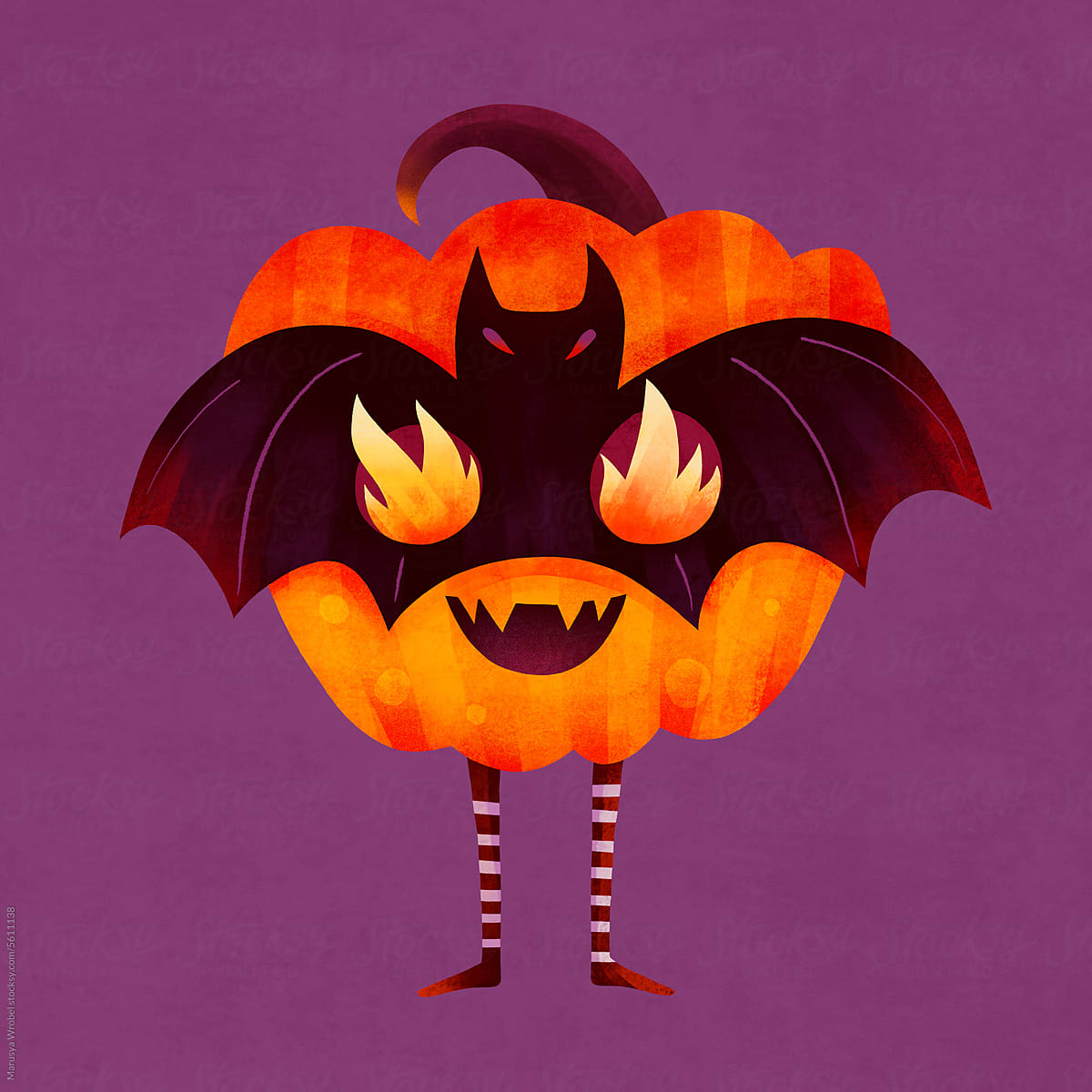 Halloween pumpkin character dressed in a bat costume with fire i