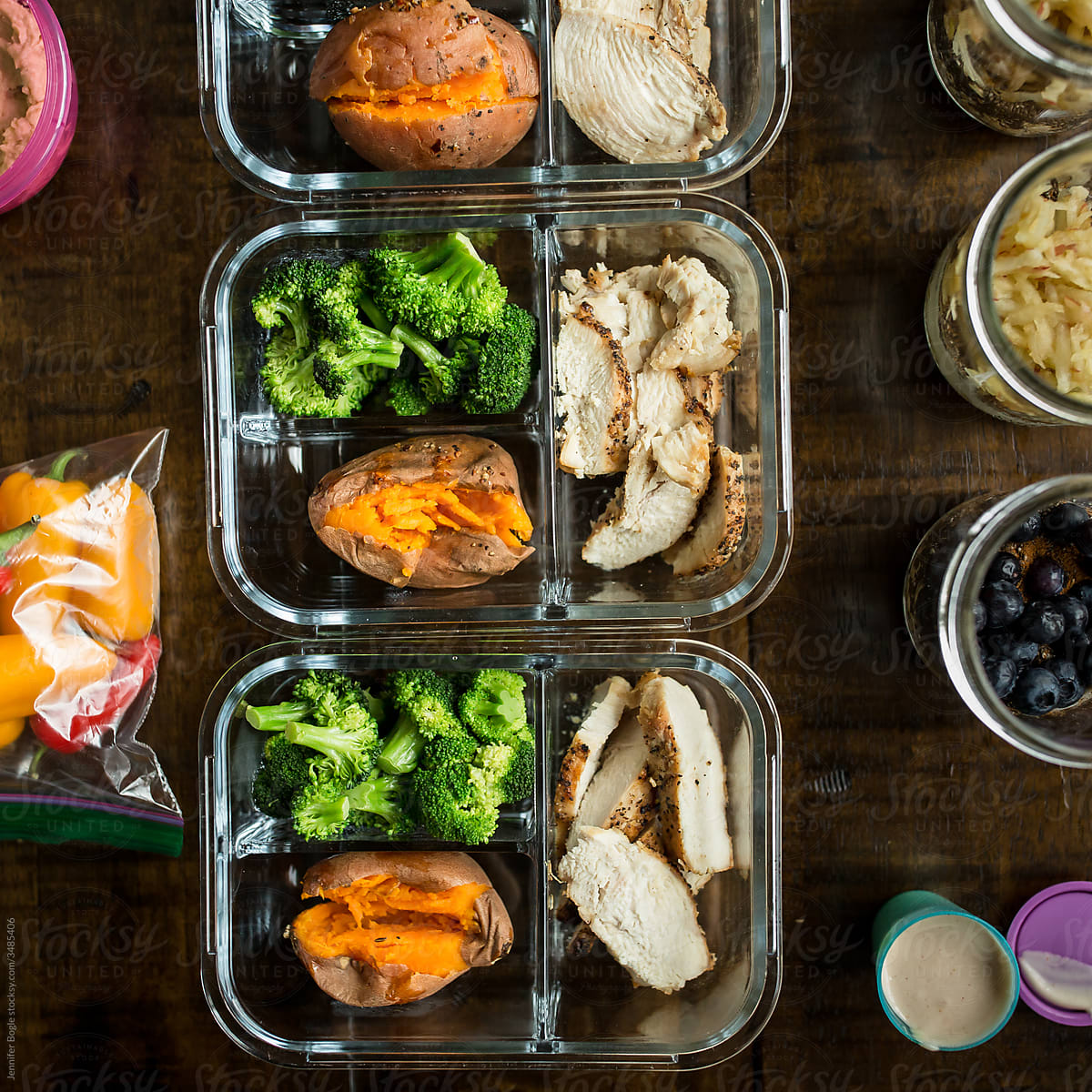 Chicken broccoli sweet potato meals prepped in glass containers