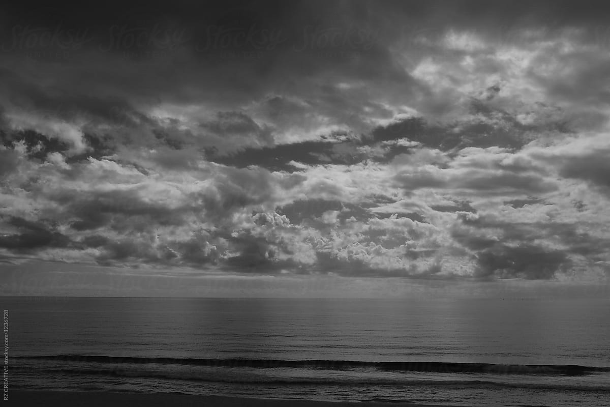 black and white beach scene