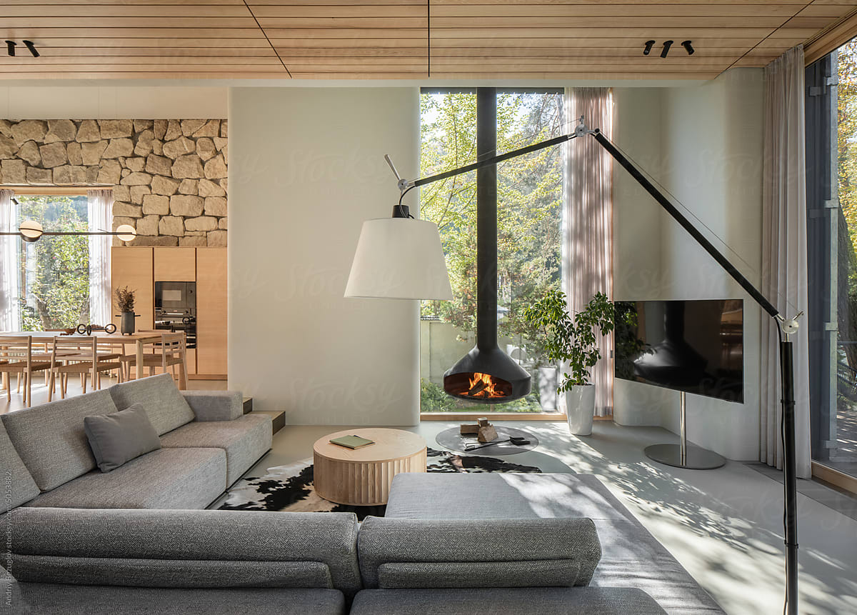 Contemporary interior of suburban home from natural materials