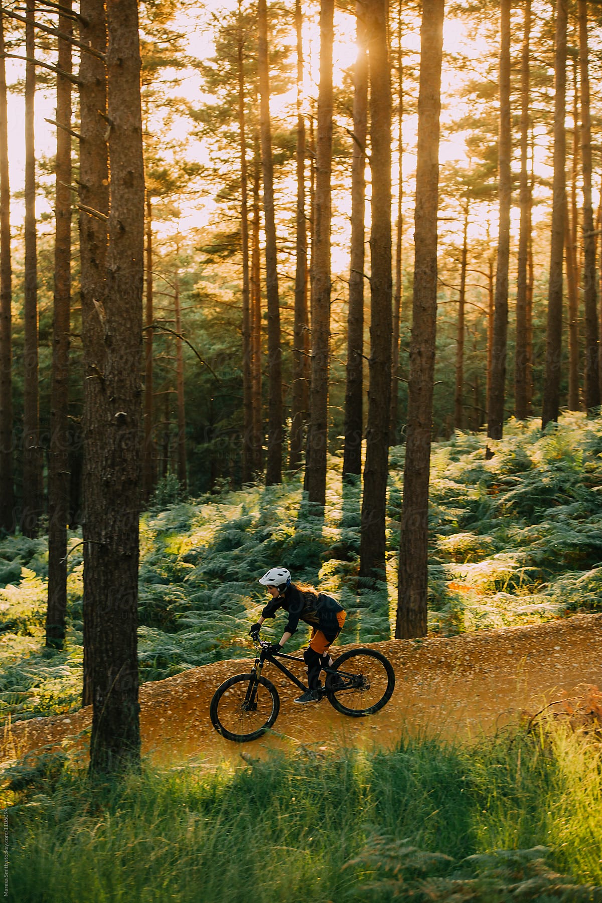 A woman cycling down a sandy forest path at sunset