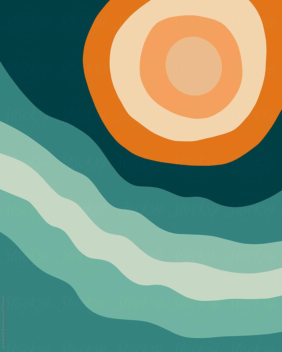 Bold Minimal Illustration Of A Bright Orange Sun Over Ocean Waves