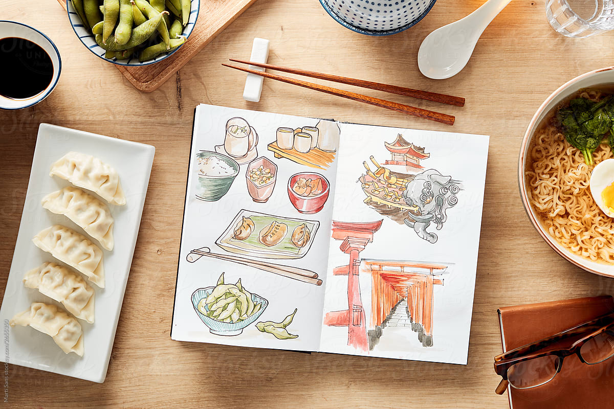 Watercolor sketch of Japanese food and pagodas in cafe
