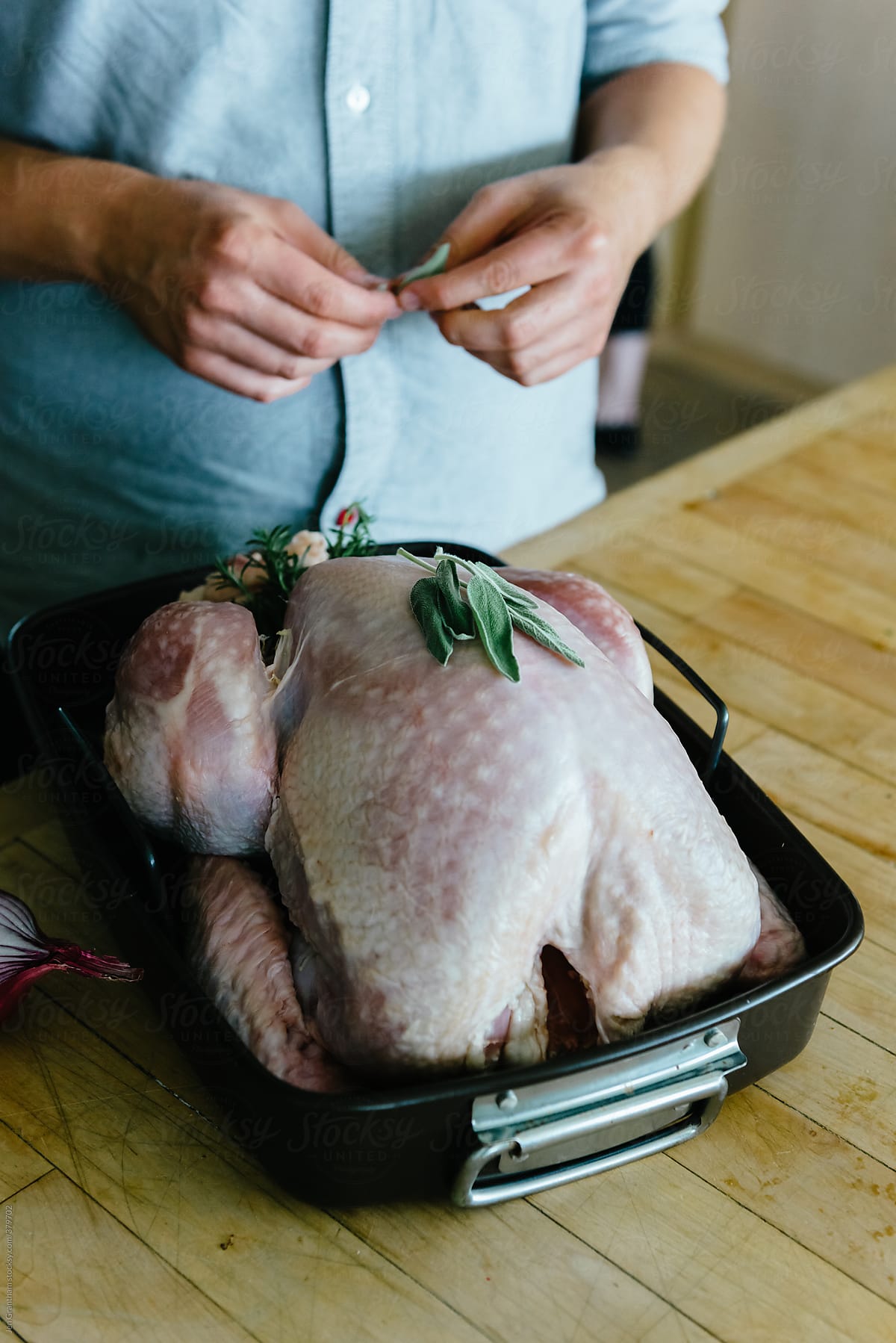 Preparing turkey for thanksgiving dinner