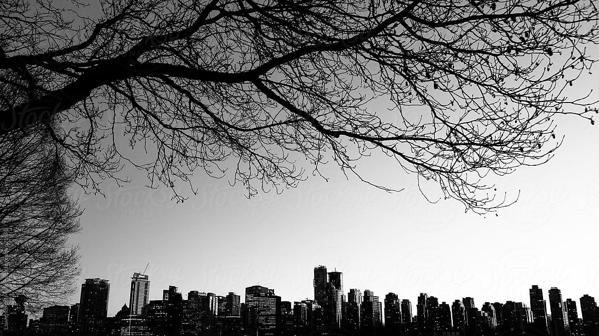 Black and white photo of Vancouver skyline