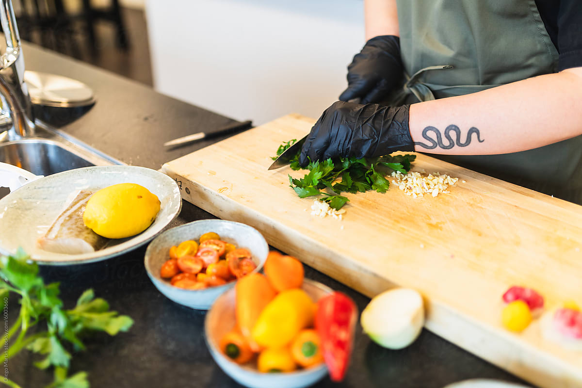 Cutting vegetables in cutting board