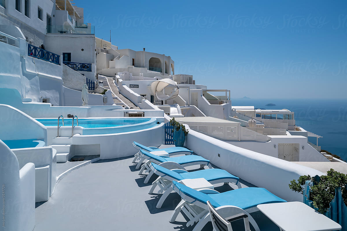 Resorts in Imerovigli overlooking the ocean in Santorini, Greece.