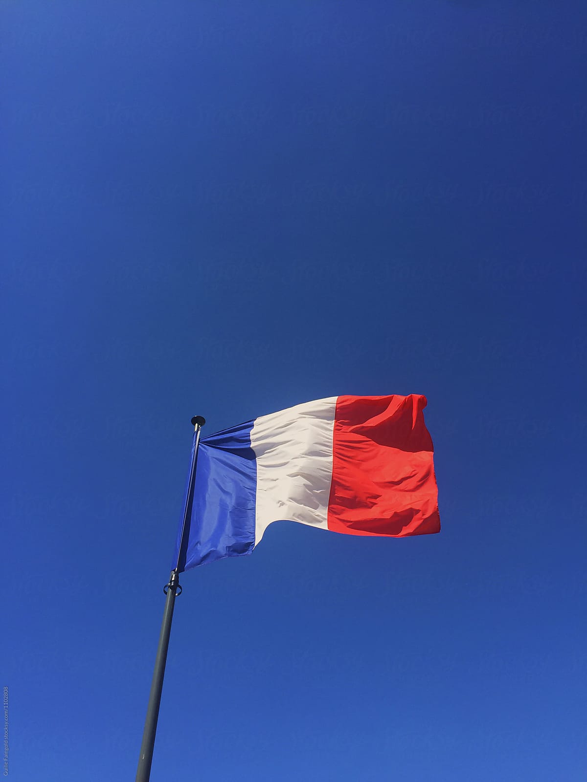 Flag of France waving against of blue sky