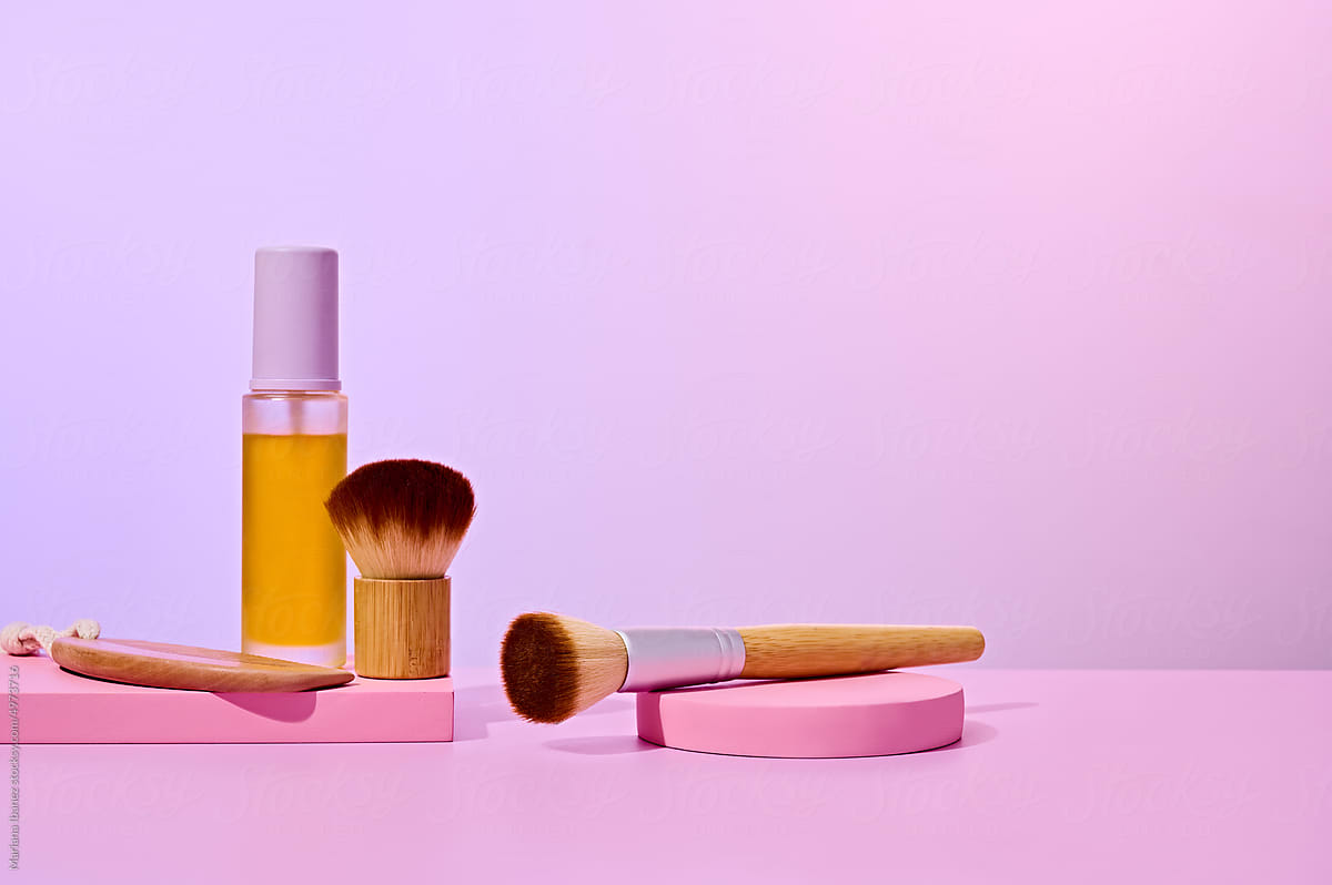 Beauty products and brushes