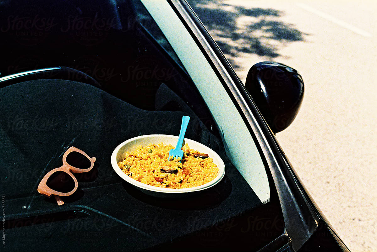 sunglasses and paella in a car, 35mm film