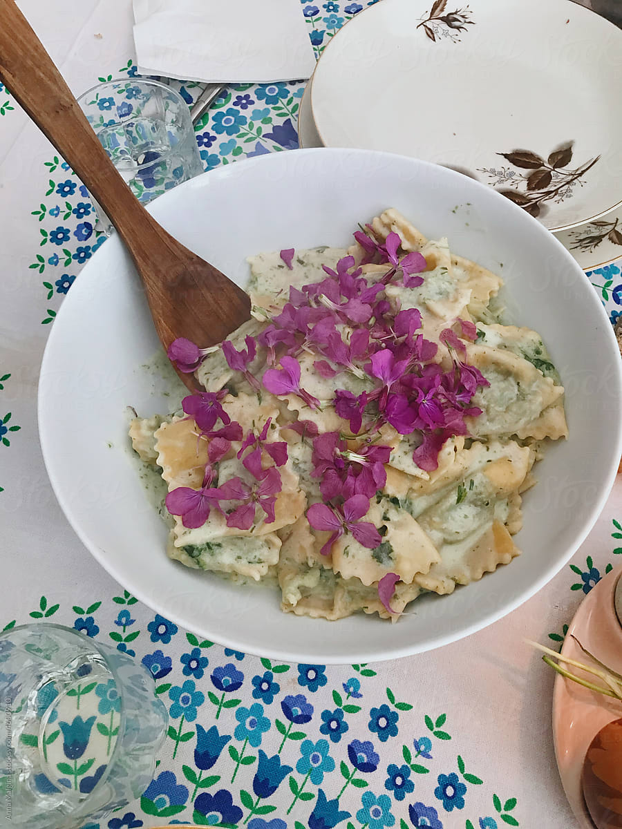 A beautiful ravioli plate with flowers