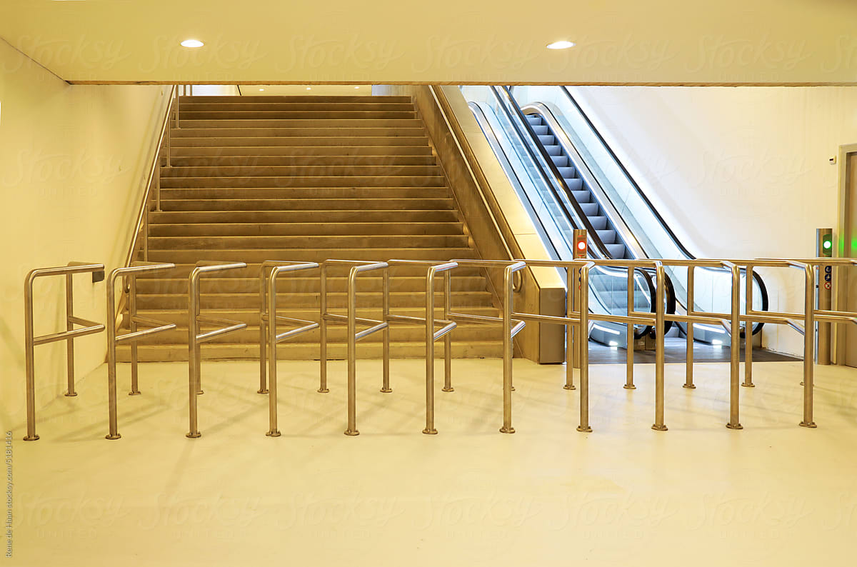 stairway, escalators and metal barriers