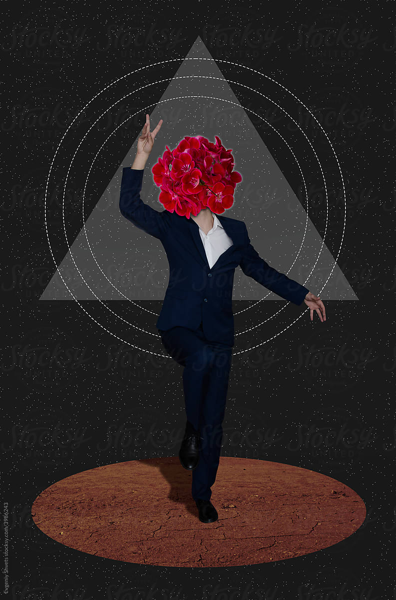 A man with flowers instead of a head stands on one leg