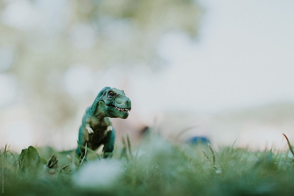 Toy green dinosaur on a grassy lawn