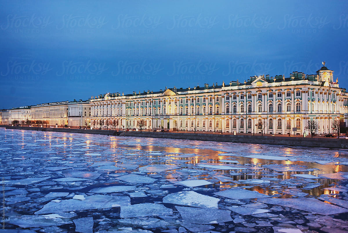 Saint Petersburg\'s Hermitage and a frozen river.