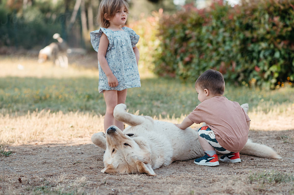 Children with content dog in park
