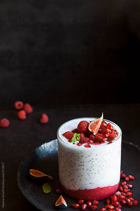 Coconut milk, chai seed, fig, pomegranate and raspberry dessert