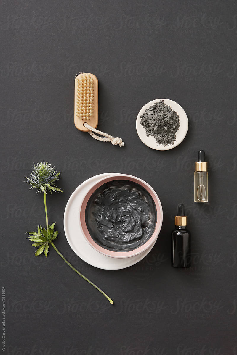 Set of beauty items for facial black clay mask