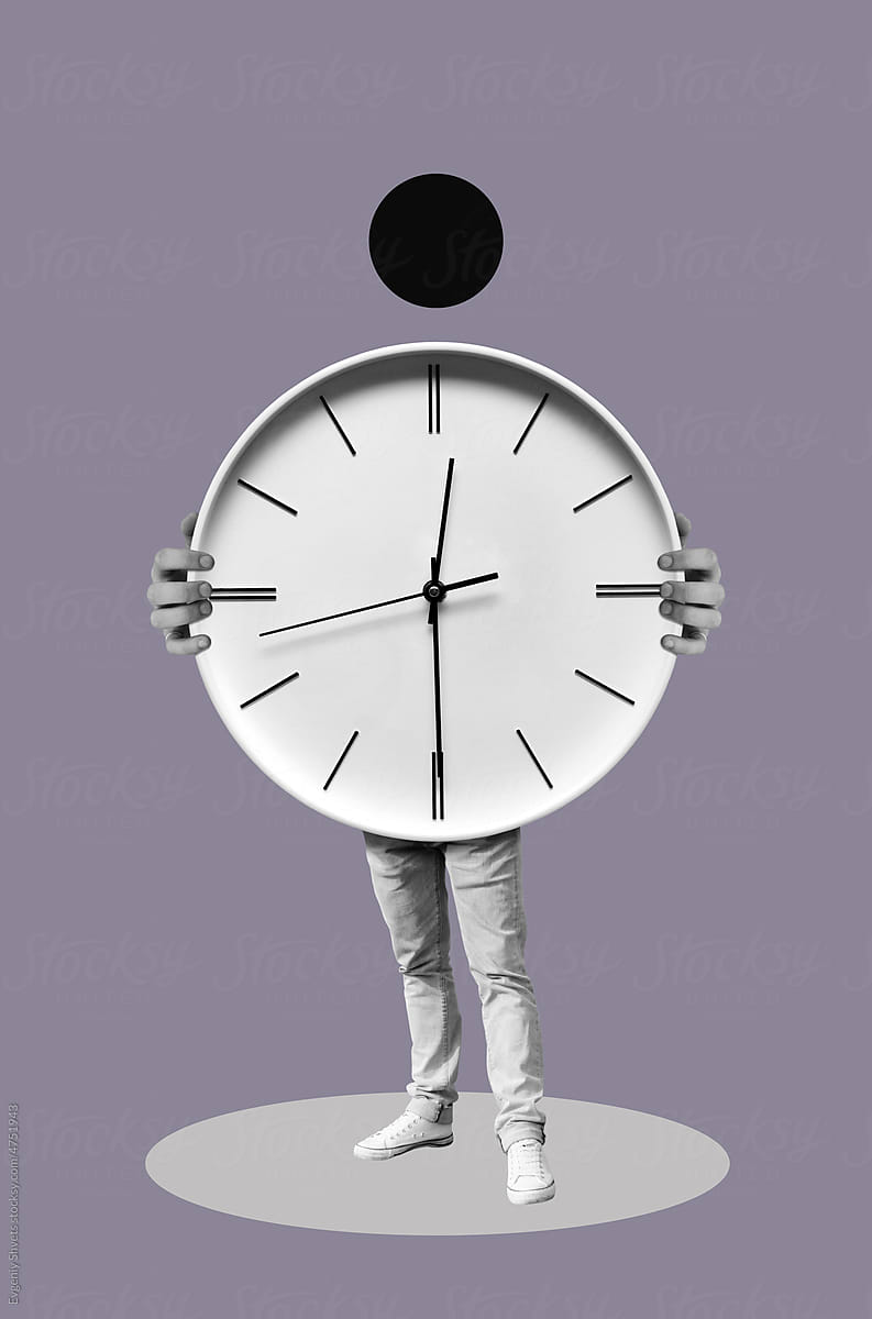 Digital collage with man holding clock