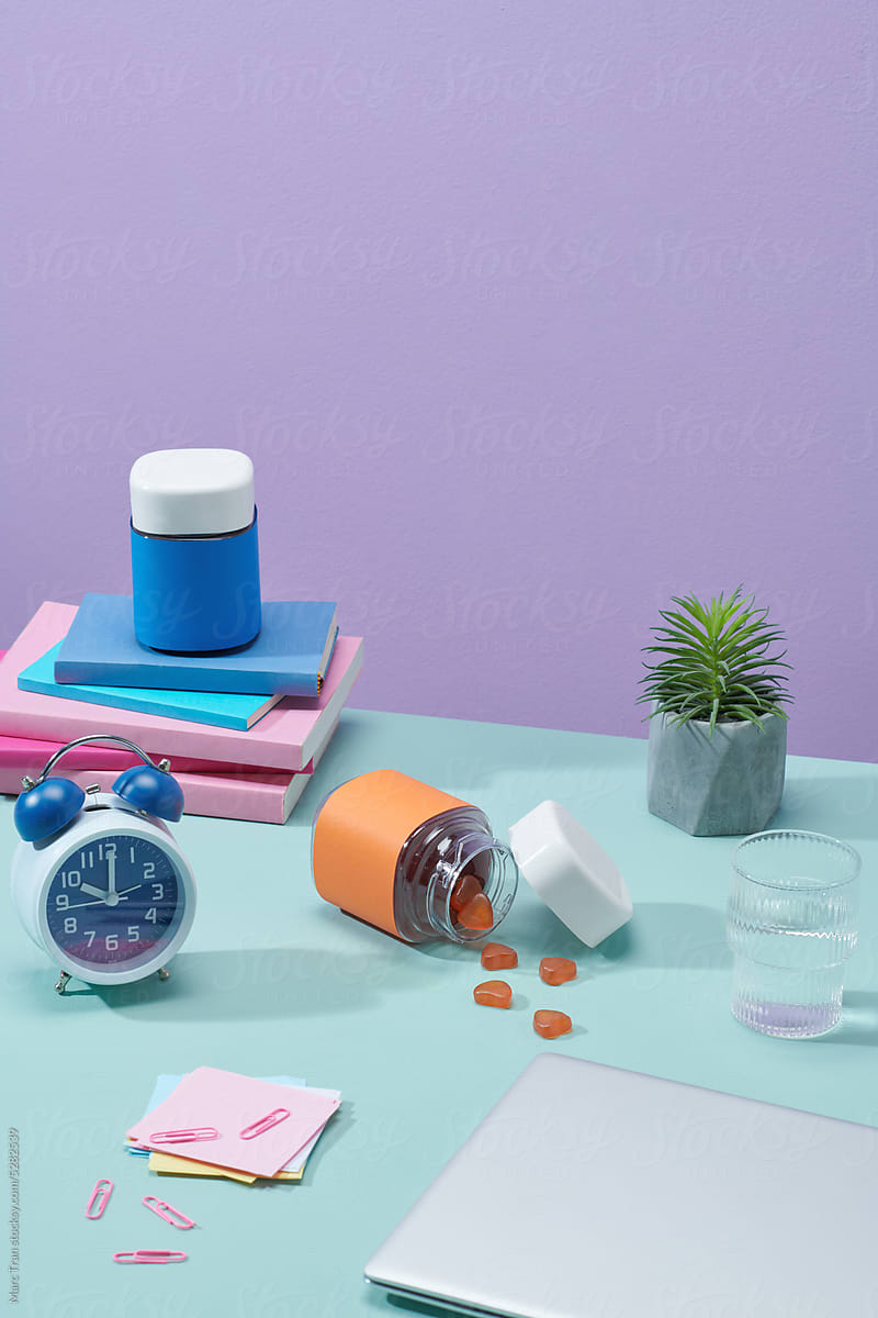 Healthcare concept, desk top with many items and gummy jar