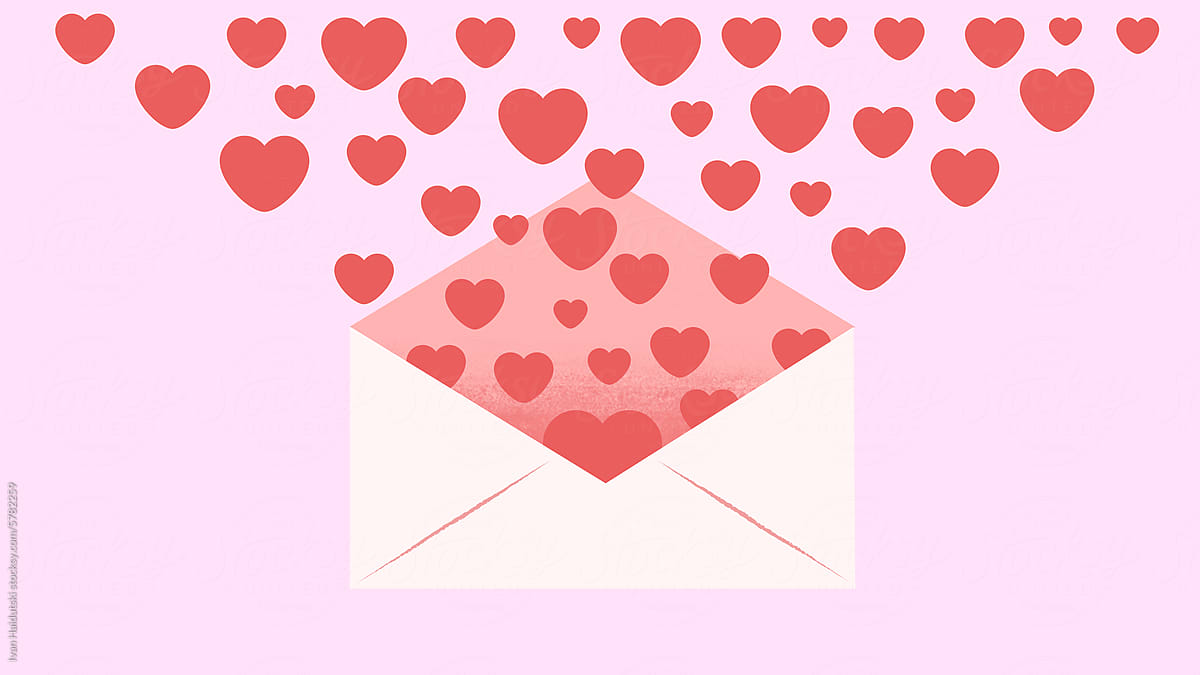 Red hearts falling from envelope against pink copy space background