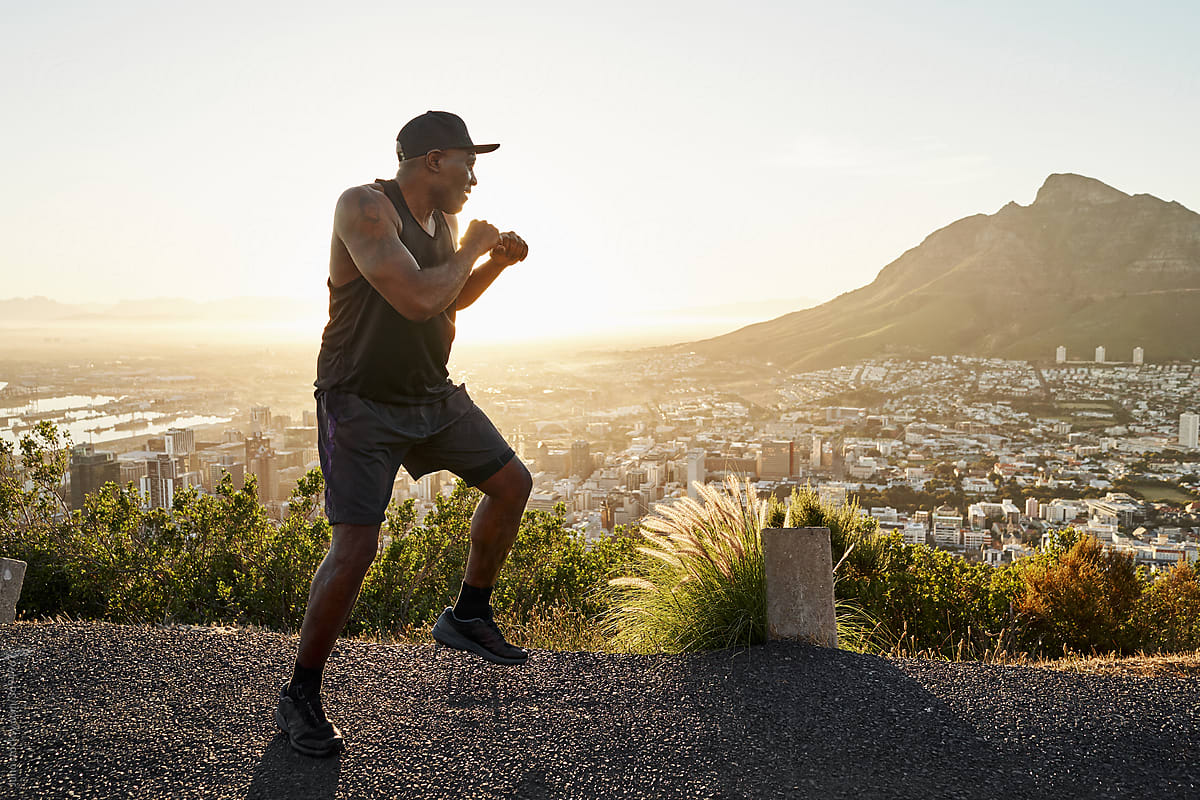 Boxer exercising at dawn
