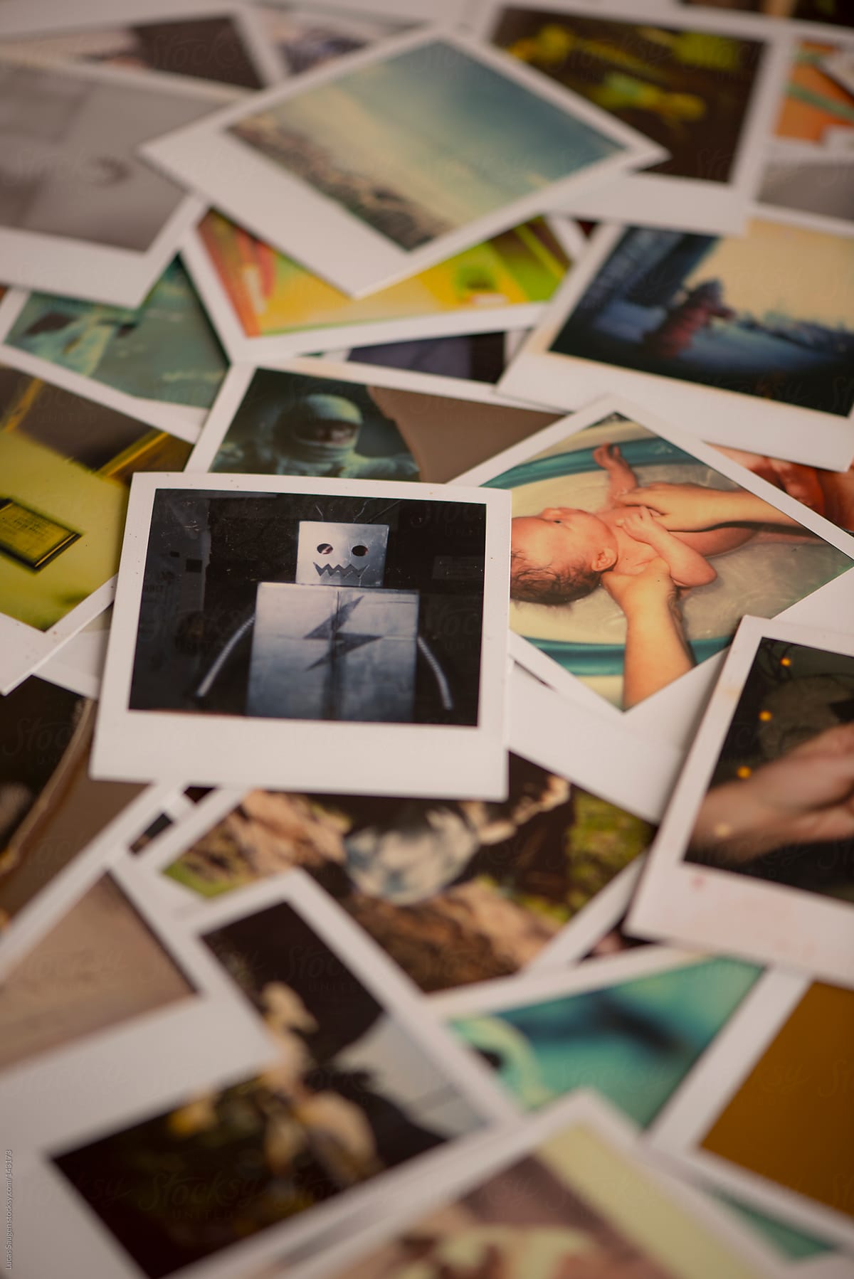 Instant photos in a pile including one of a robot costume and one of a newborn baby getting a bath.
