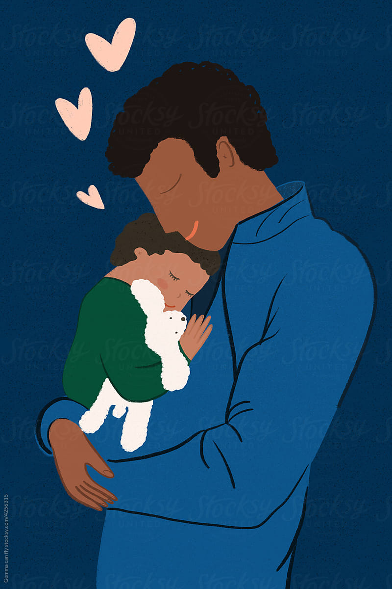 Black man holding sleeping baby, illustration