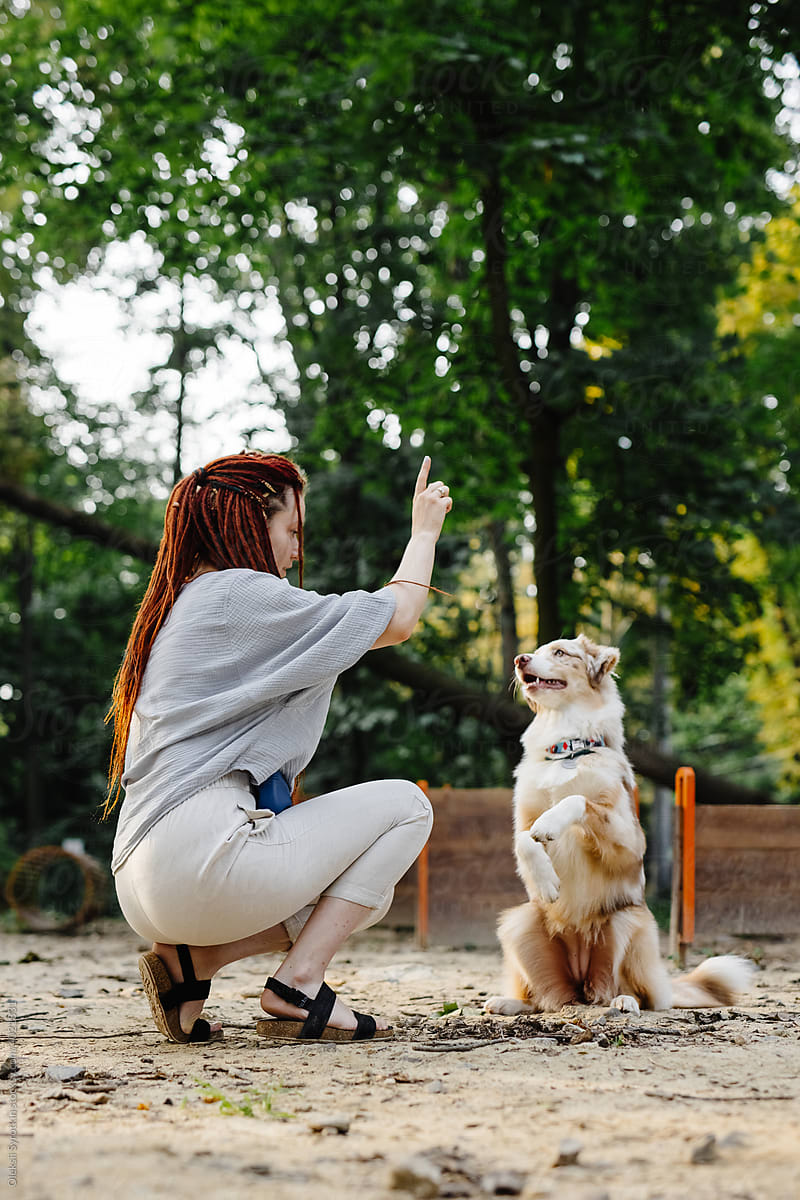 Girl working out with pet on nature