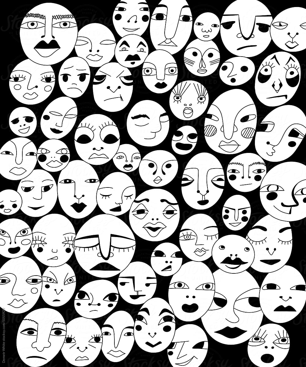 many expressive heads with different emotions on a black background